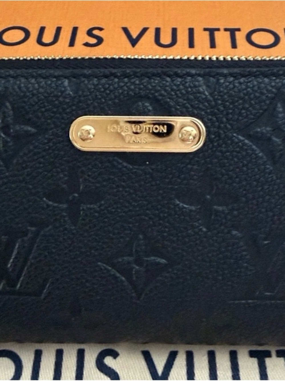 Louis Vuitton Black Embossed Monogram Wallet with Gold Plate